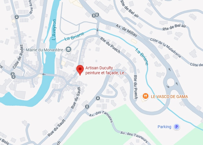 Carte centrée sur Artisan Duculty (peinture et façade) à côté de la mairie du Monastère, près de l'Aveyron, Rue du Sault et Rte du Puech.