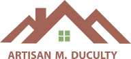 Logo stylisé représentant un toit de maison marron avec une cheminée et une petite fenêtre verte, sous lequel est inscrit le texte "ARTISAN M. DUCULTY".