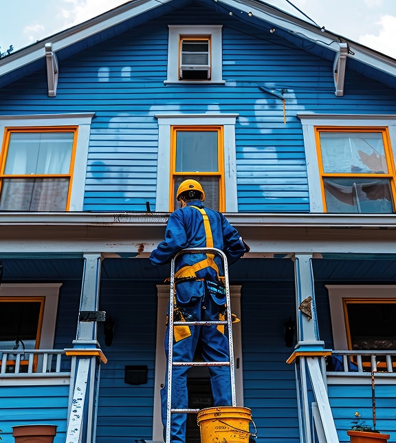 Ouvrier en combinaison bleue et casque jaune sur échelle, nettoyant la gouttière d'une maison à revêtement bleu et fenêtres orange.